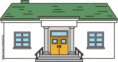 Elementary School Building with Green Roof Cartoon Illustration