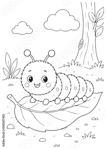 coloring book cute caterpillar riding a leaf like a tiny boat