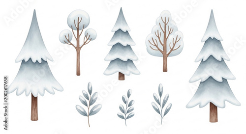Collection of winter trees and branches covered in snow watercolor illustration for seasonal design isolated on white backgro