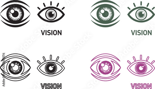 Eye with vision text, black, green, and pink eye vision text
