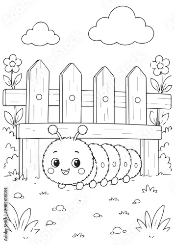 coloring book small caterpillar hiding below the wooden fence