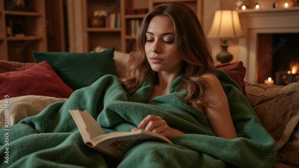 Obraz premium Female lying down with a book, cozy atmosphere