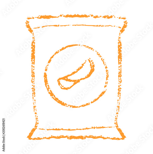 potato chips bag crayon wax doodle style, rough textured hand drawn, snack packet junk food crispy crackers salty treats grocery orange outline kitchen art draw