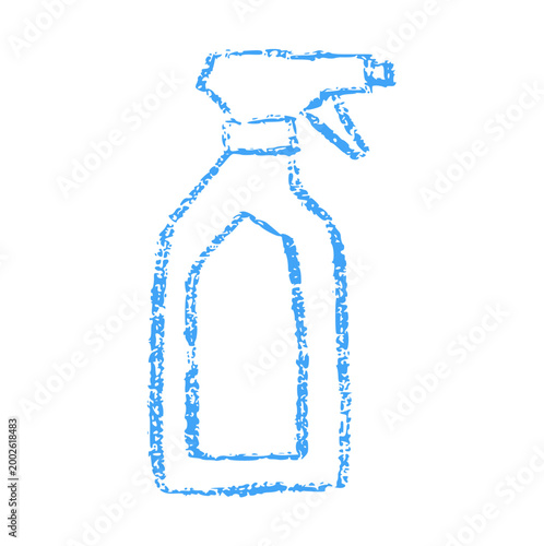 spray bottle crayon wax doodle style, rough textured hand drawn, cleaning agent liquid atomizer trigger spray plastic container blue outline household art draw