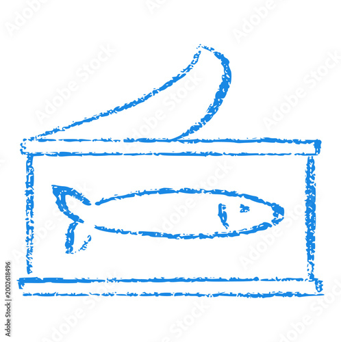 canned fish crayon wax doodle style, rough textured hand drawn, sardine tin seafood blue container open can anchovy mackerel preserved food pantry kitchen art