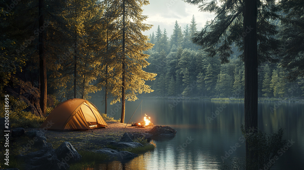 Obraz premium Peaceful camping scene with orange tent pitched near calm lake surrounded by tall pine trees and small campfire glowing warmly in early morning mist