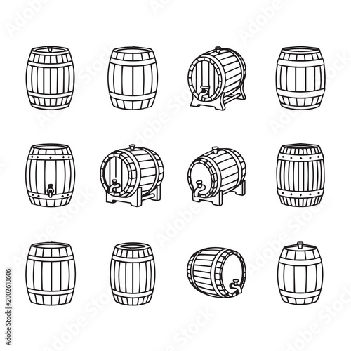 Wooden Barrels Collection Various Angles and Styles Line Art Illustration
