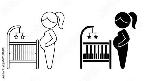 Pregnant woman standing next to baby crib with mobile icon parent to be pregnant maternity expecting