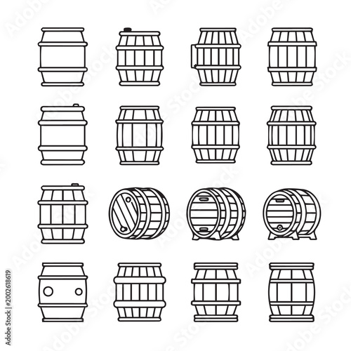 Wooden barrels collection in simple line art style for packaging and storage concepts