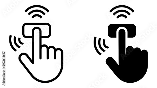 Contactless finger pressing rectangular button icon with wireless signals contactless wireless technology