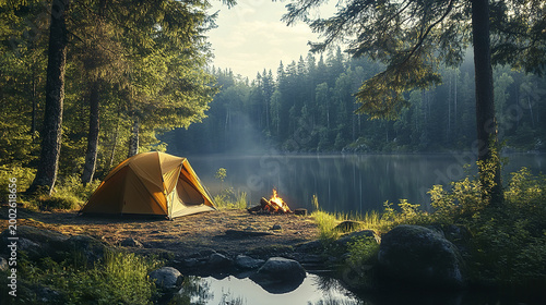 Peaceful camping scene with yellow tent pitched near calm lake surrounded by dense forest and small campfire glowing warmly in early morning light