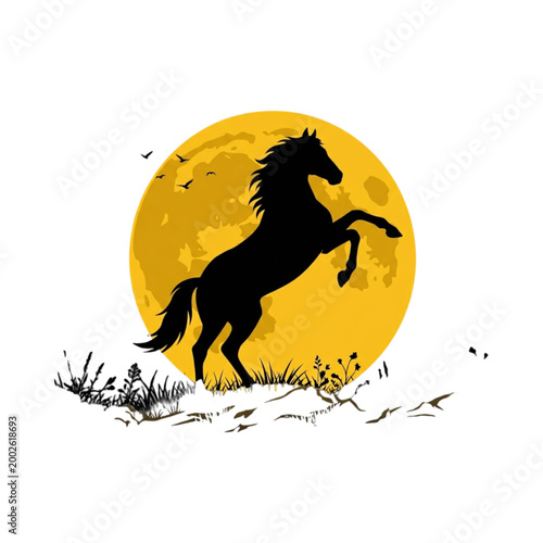 Majestic Silhouette of a Rearing Horse Against a Full Moon