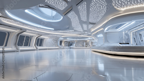 3d rendering of empty space inside futuristic showroom, spaceship, hall or studio in perspective. Include ceiling, hidden light, tile floor and counter. Modern background design of future, technology.