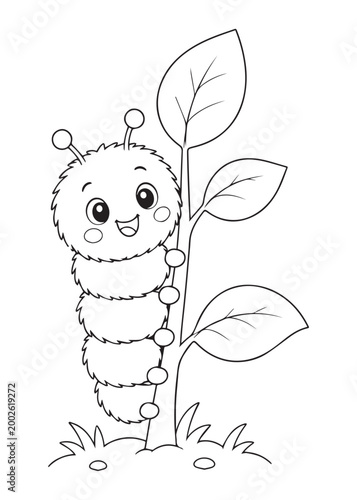 coloring book determined caterpillar climbing a leafy stem