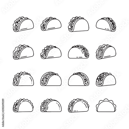 Taco Icons Set Outline Style with Various Fillings and Side Views