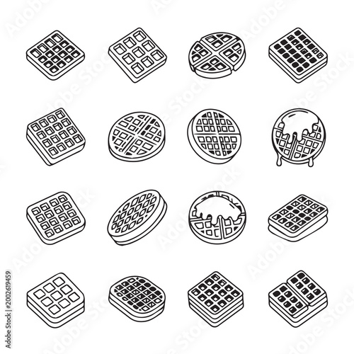 Various waffle styles in isometric line art against a white background
