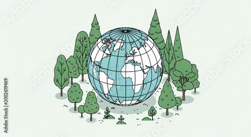 Globe surrounded by diverse trees representing environmental conservation and ecological balance perfect for nature and sustainability concepts