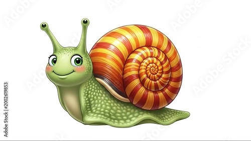 A cute cartoon snail character with a brown spiral shell and a happy smile crawls through a garden with a flower in this funny vector illustration isolated on a white background