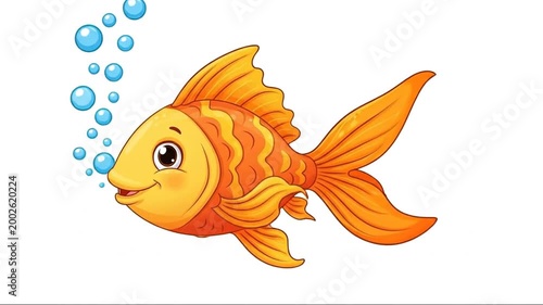 A cartoon goldfish swimming in a circle underwater with bubbles in a colorful aquarium scene