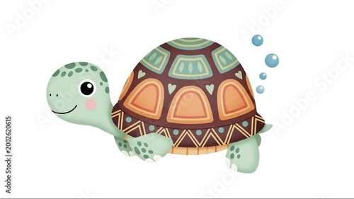 A cute turtle with a shell slowly walking on a white background in a simple cartoon style