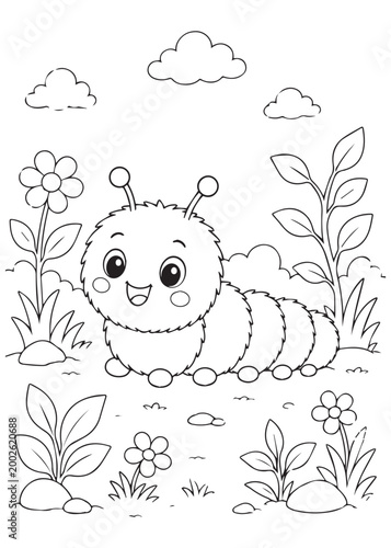 coloring book happy caterpillar surrounded by leaves and blossoms