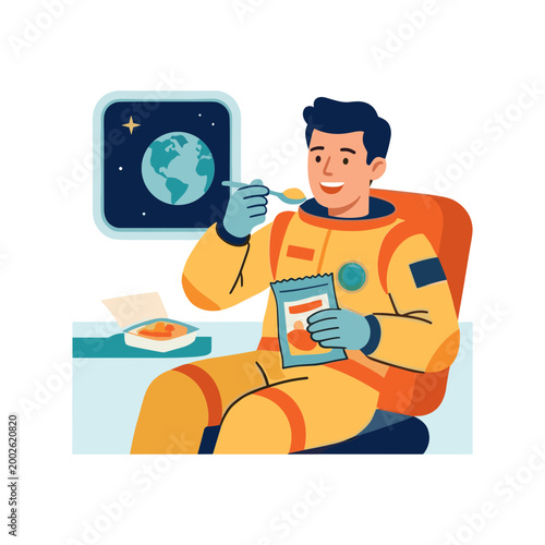 Astronaut eating breakfast while looking at Earth on screen in space