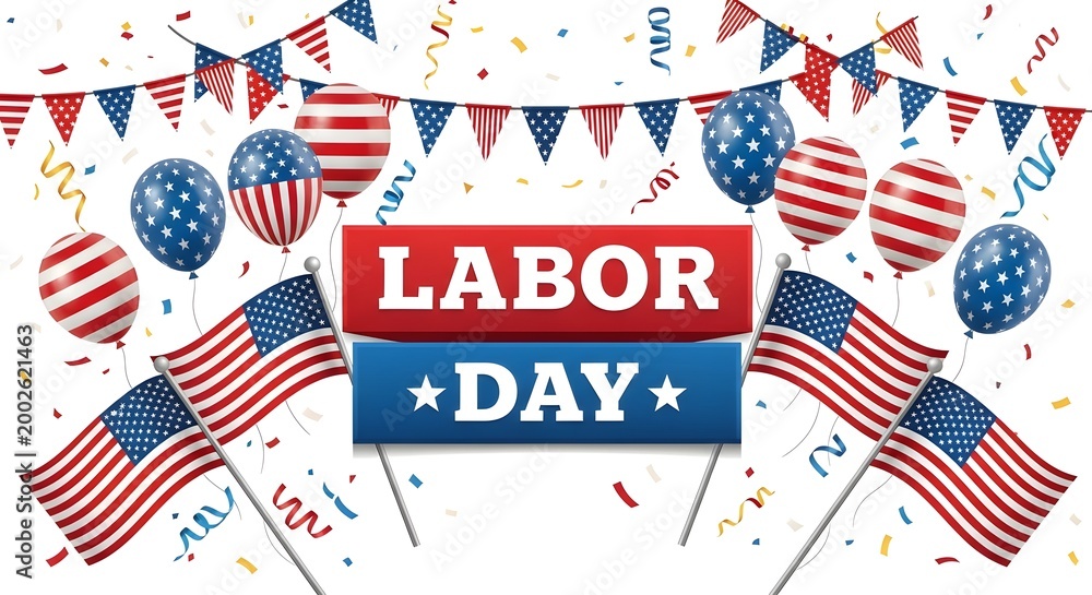 Obraz premium Labor day celebration background with american flags, balloons, and bunting banners isolated on white background