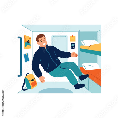 Man sitting in train compartment with luggage and bunk beds nearby