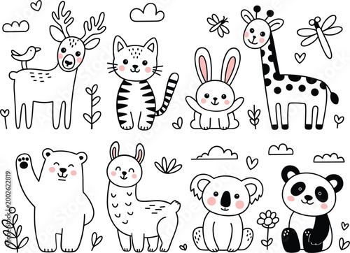 Cute animal doodle collection for coloring book, cartoon deer cat rabbit giraffe polar bear llama koala and panda set for kids nursery decor flat vector illustration