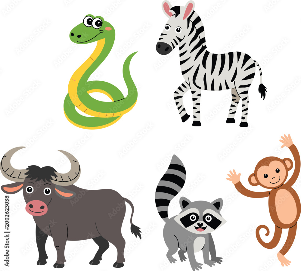 Obraz premium Cute wild animal collection for nursery decor, cartoon snake zebra buffalo raccoon and monkey set for kids room stickers and baby shower flat vector illustration