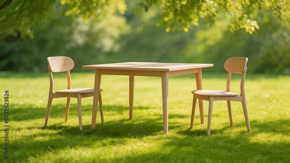 Fototapeta premium Wooden table and chairs on grass