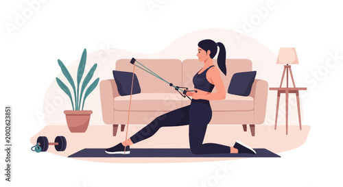Vector illustration of a young woman in black sportswear performing a resistance band workout in a living room, kneeling on a yoga mat with a sofa, houseplant, and dumbbell.