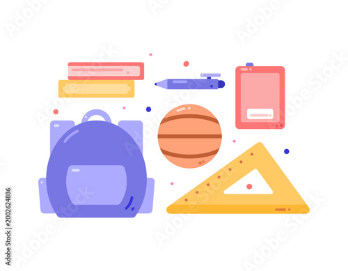 Illustration of a collection of clip art or stickers on educational and academic themes. Books, pens, backpacks, basketballs, and triangular rulers. Objects, symbols, icons, decorative elements, flat 