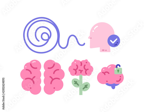 Illustration of a collection of clip art or stickers on the theme of mental health, psychology, and cognitive function. Thinking, creativity, and brainstorming. Symbols, icons, decorative elements