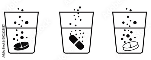 Soluble Tablet Dissolving in Water Icon Set Vector Illustration Medicine Effervescent Pill Symbol with Bubbles 
Outline and Filled Style