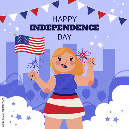 Slika na platnu Cartoon girl celebrating Independence Day.