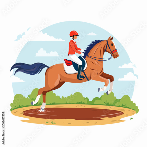 Equestrian Rider Jumping Horse Over Obstacle