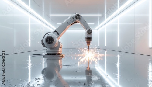 20. Robotic welding sparks reflected on polished floor