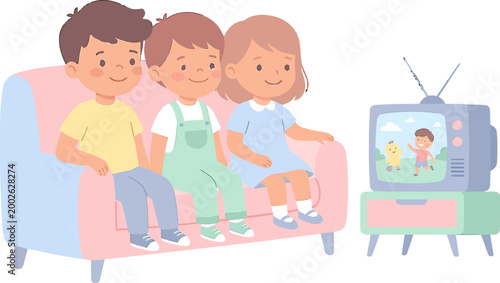 Three happy young children sitting together on a sofa watching cartoons on an old television screen