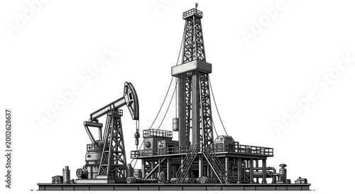 Fotografía Industrial oil drilling rig and pumpjack station illustration on white backgroun