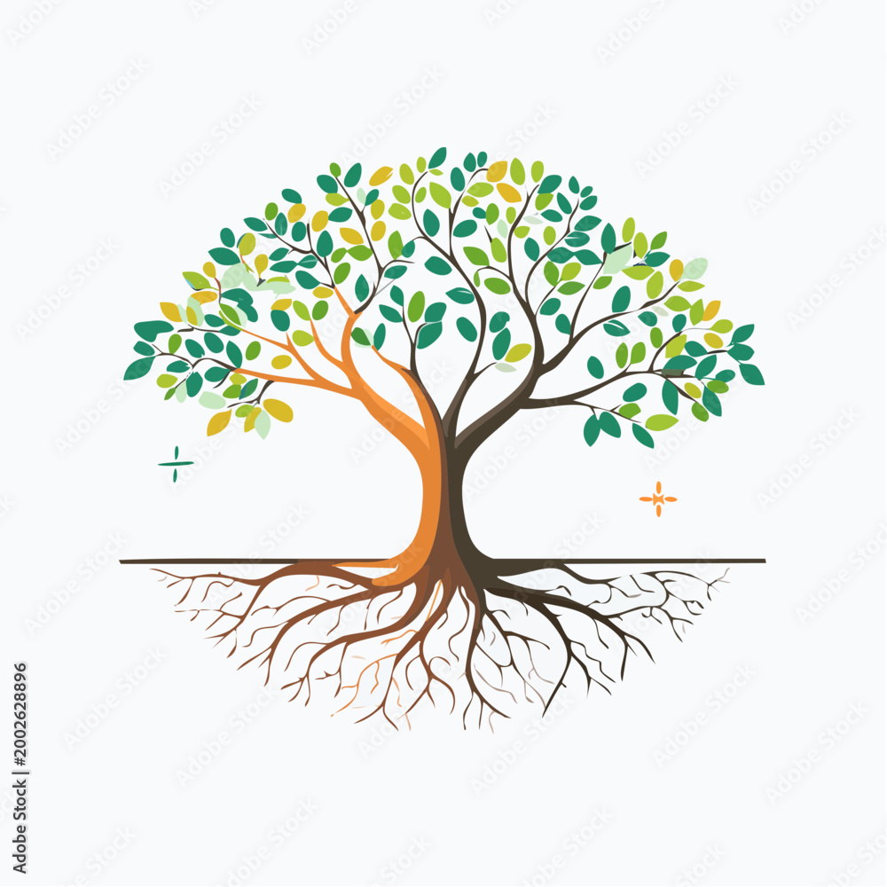 Fototapeta premium Stylized Tree of Life with Visible Roots and Leaves