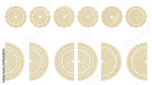 A collection of intricately detailed circular and semicircular Islamic geometric patterns and arabesques are arranged