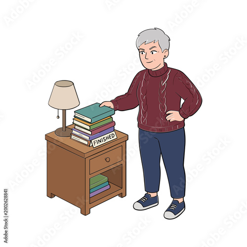 An elderly woman stands beside a nightstand with books and a lamp.