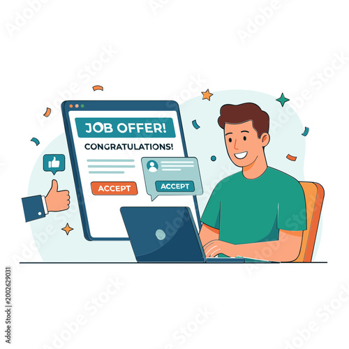 Man sitting at desk receiving job offer on laptop and phone