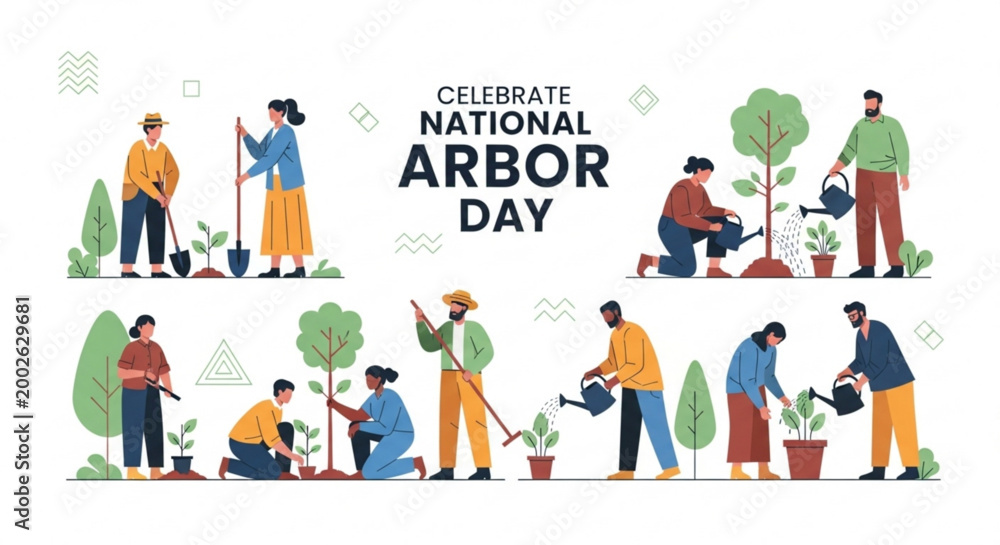 Naklejka premium People planting trees for National Arbor Day a collection of flat vector illustrations showing environmental care and gardening perfect for 