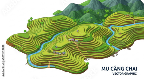 Terraced rice fields in Mu Cang Chai Vietnam with winding rivers and lush green mountains a vibrant vector illustration for travel and agric