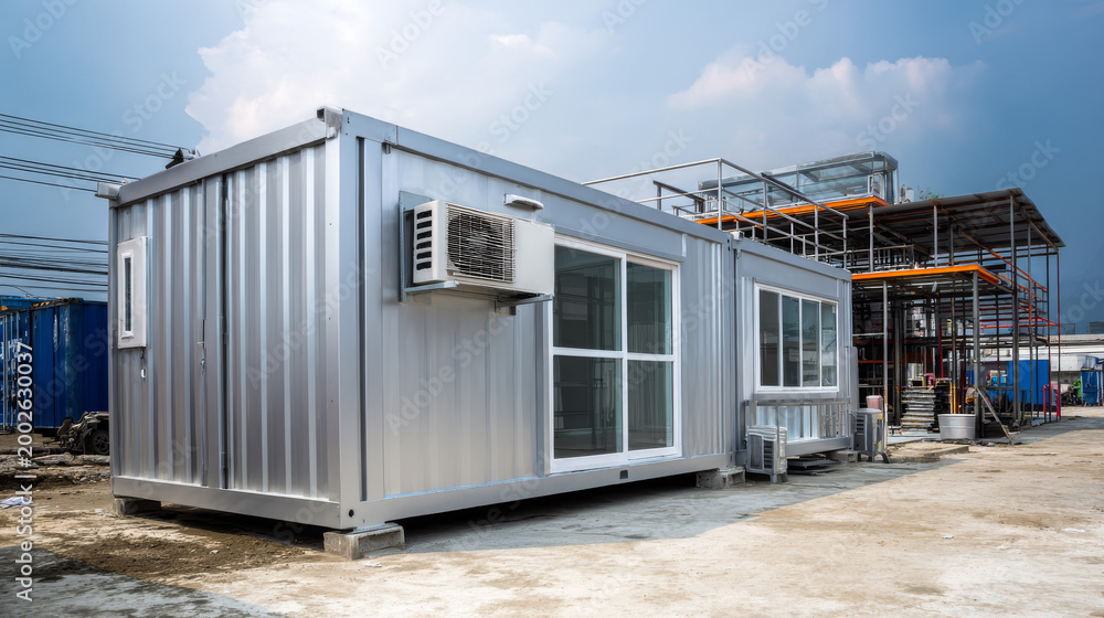 Fototapeta premium Portable office container or prefabricated modular building. That small mobile workspace, temporary work area, store or storage room for construction site. Consist of metal box and ventilation fan.