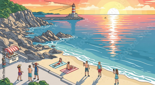 Coastal beach scene with lighthouse at sunset people relaxing and taking photos vibrant summer vacation illustration for travel and leisure