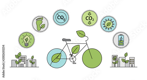 Green clean transportation concept with a bicycle surrounded by symbols of sustainability and urban growth representing eco friendly commuting and environmental awareness for a healthier planet