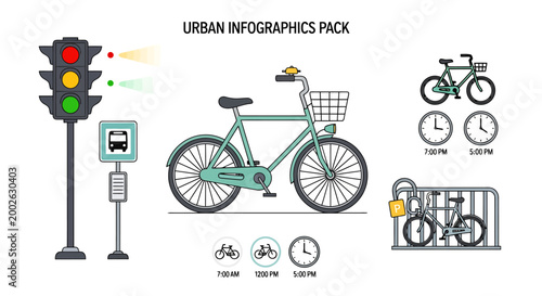 Urban transportation elements including a bicycle with basket traffic signals bus stop sign cycle parking with lock and various clock time indicators presented in an organized layout for city